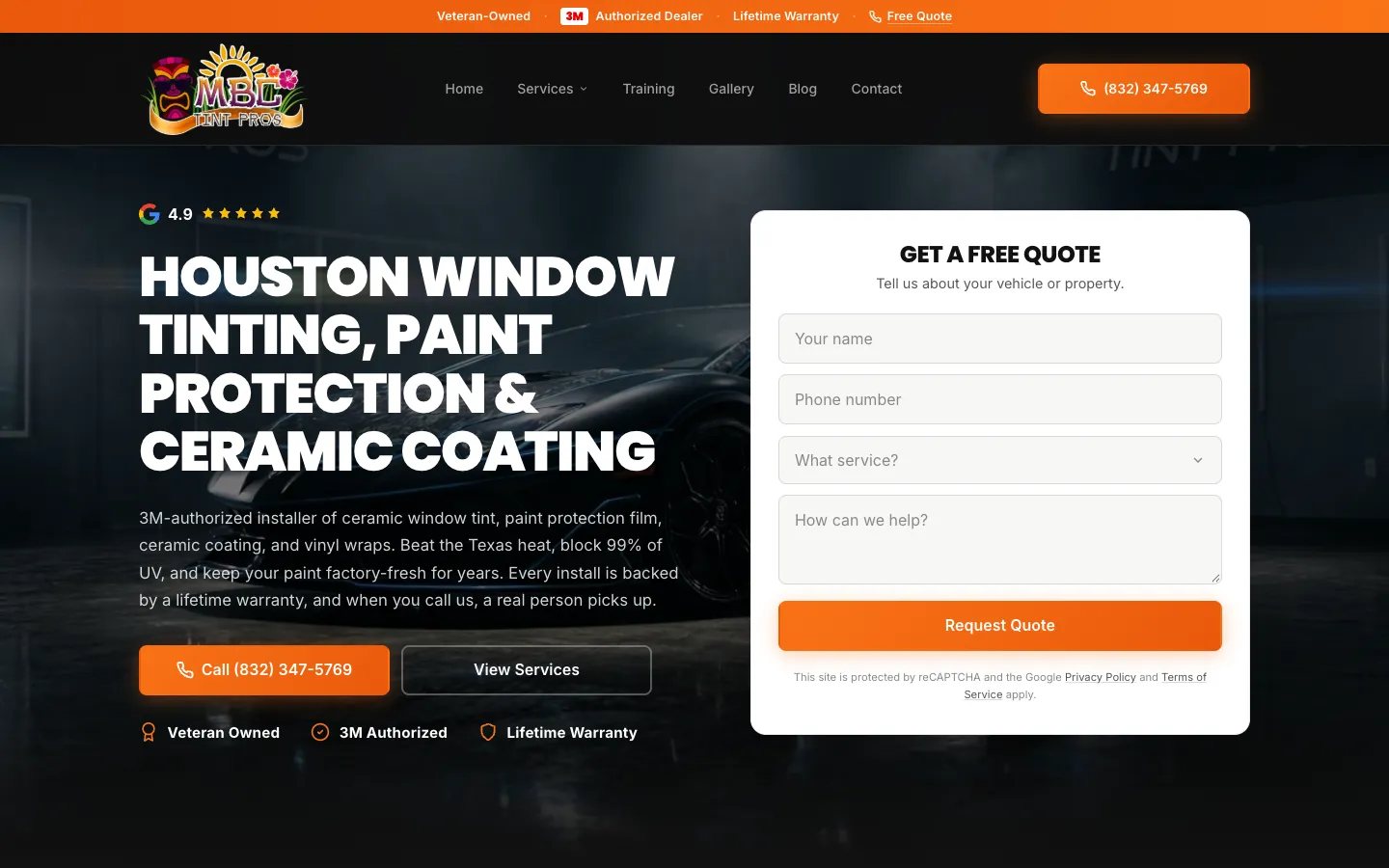 MBC Tint Pros website on desktop, designed by CALLIE BRAND