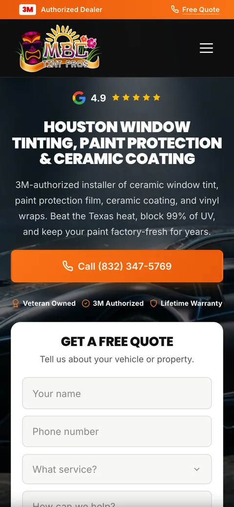 MBC Tint Pros website on mobile